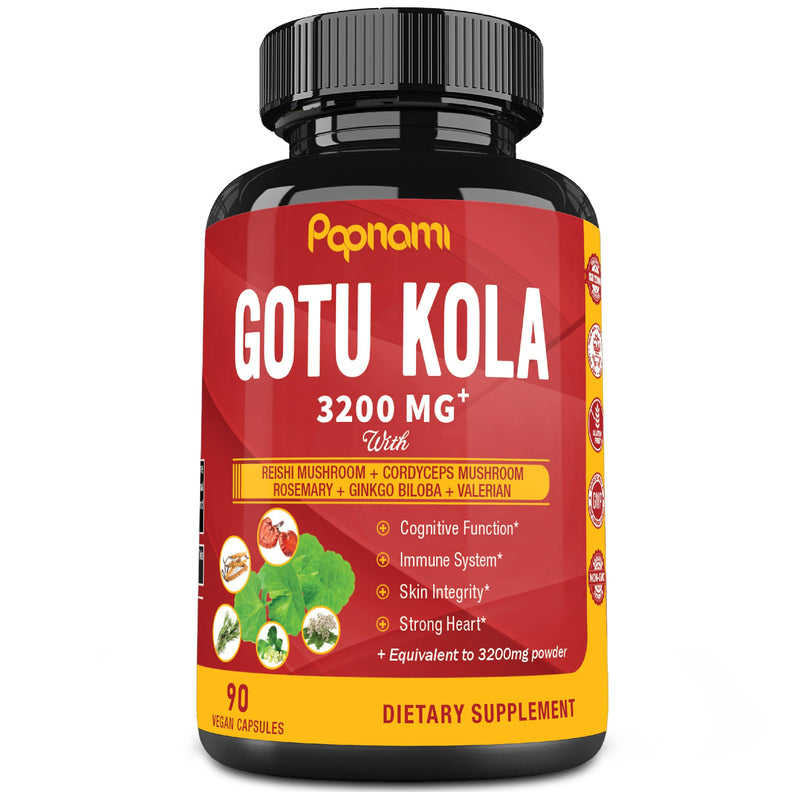 [Australia] - Organic Gotu Kola Extract Capsules - Equivalent to 3200Mg with Reishi, Cordyceps, Rosemary, Gingko Biloba & Valerian Root - 90 Counts for 3 Months - Supports Brain, Immunity, Skin & Heart Health 