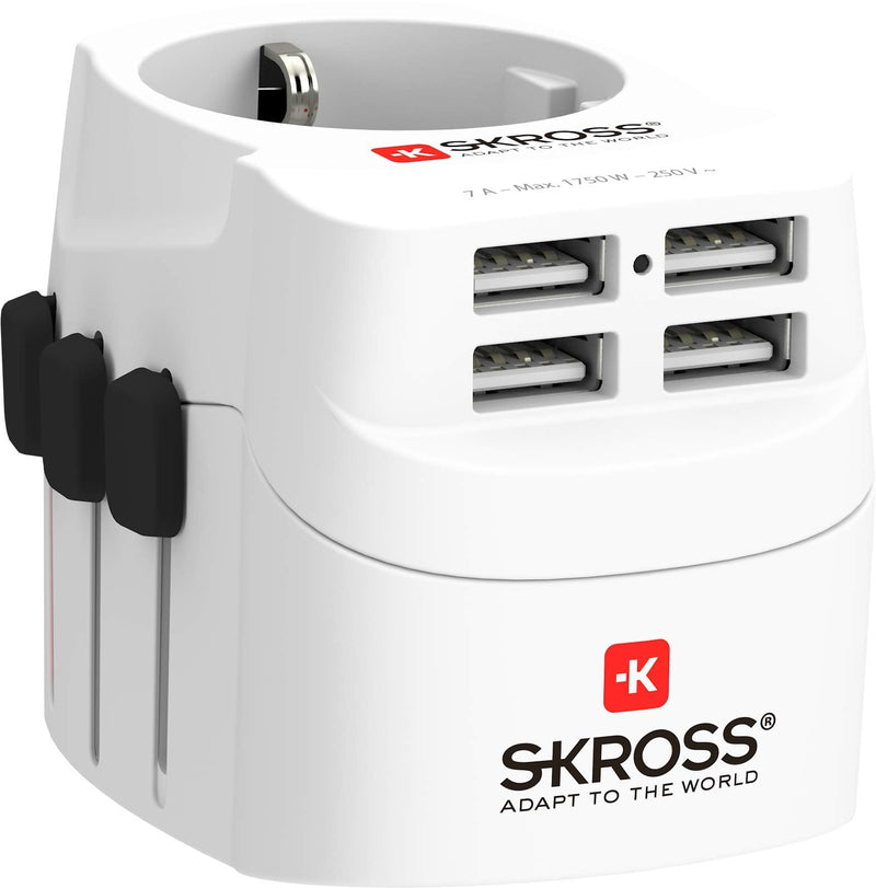 SKROSS | 1.302461 | Pro Light USB (4xA) | Universal Travel Adapter 2 & 3 Pin with 4 USB Ports 4.8A Voltage and Power: 100V-700W/250V-1750W Suitable for PC and Hair Dryer PRO Light USB (4xA)