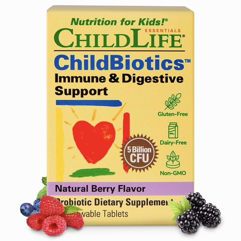 CHILDLIFE ESSENTIALS Childbiotics Immune & Digestive Support, 30 Tablets | Kids Probiotic Supplement, Probiotics for Kids & Toddlers, Chewable Vitamin, Gut Health, Natural Berry Flavor, Support