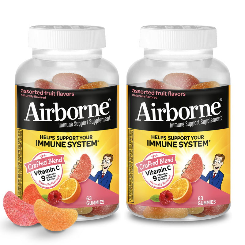 Airborne 750mg Vitamin C Gummies for Adults, Immune Support Supplement with Powerful Antioxidants Vitamins A C & E - 2x63ct Bottles (126 Gummies), Assorted Fruit Flavor | Antioxidants Vitamins A, D & E + Zinc, Selenium, and Manganese, Herbal Blend, Nat...