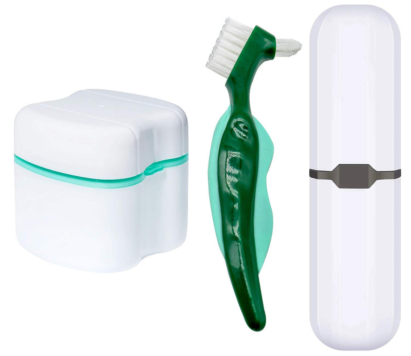 [Australia] - Denture cleaning kit,Denture Case,Denture Cups Bath, Toothbrush with hard denture, Dentures Container with Basket Denture Holder for Travel,Mouth Guard Night Gum Retainer Container (Green) green 