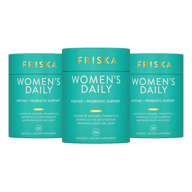 Friska Women’s Daily Gut Support - Pre/Post Meal, Digestive Enzymes, Probiotic DE111 for Bloating & Digestive Balance, Vitamin D, Cranberry & Biotin for Hair, Nail & Urinary Health, 90 Capsules Womens Daily 30 Count (Pack of 3)