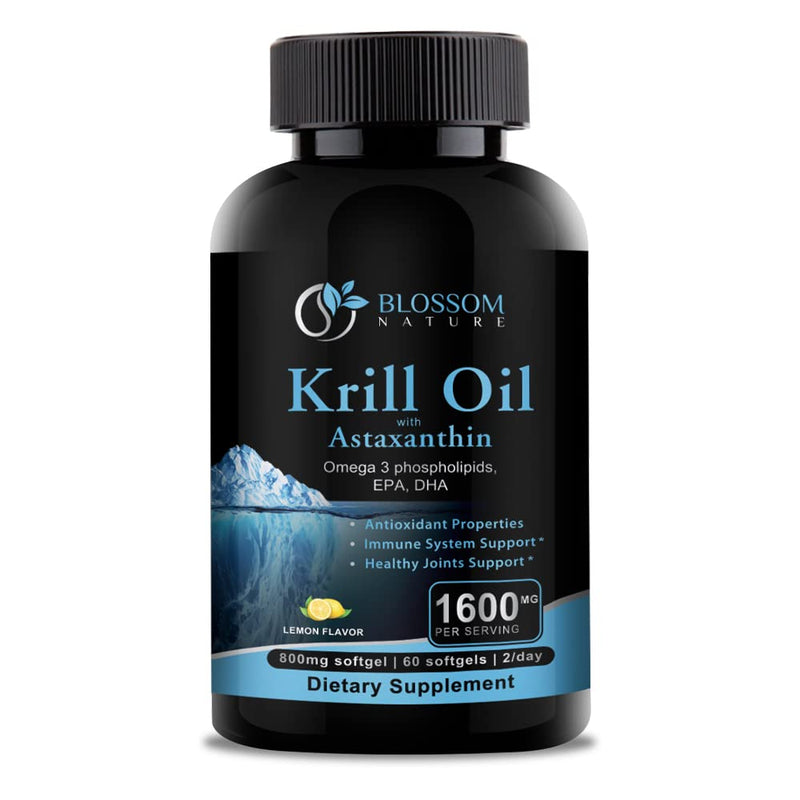 [Australia] - Antarctic Krill Oil 1600mg with Astaxanthin 2mg Fatty Acids EPA 174mg, DHA 120mg, Phospholipids 550mg -Support Healthy Joints Hair Skin-800mg per Softgel, 60 Krill Oil Softgels with lemon flavor 60 Count (Pack of 1) 