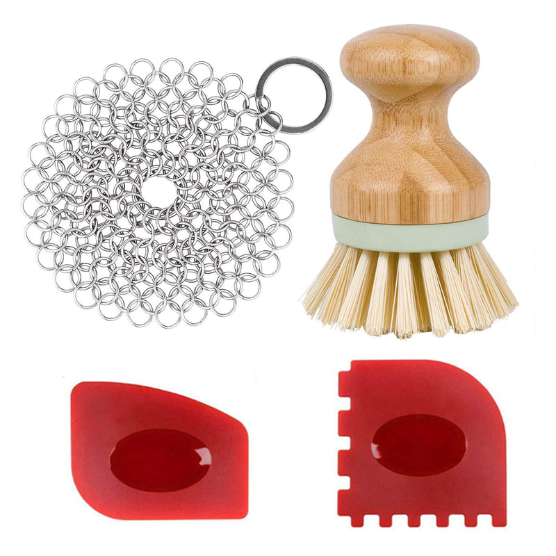 [Australia] - Cast Iron Cleaner kit, Wood Scrub Cleaning Brush, Stainless Steel Chainmail Scrubber, Pan Scrapers, Kitchen Cleaning 