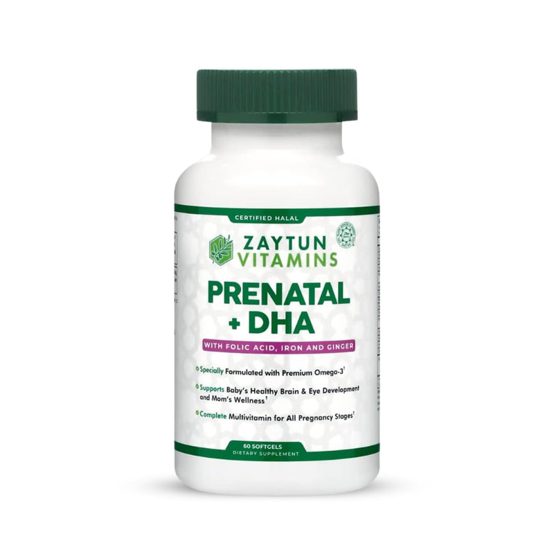 Zaytun Vitamins Halal Prenatal Vitamins + DHA, Folic Acid Iron, Ginger for Soothing, One Daily, for All Pregnancy Stages, Gluten Free, Non-GMO, 60 Softgels, 2 Months Supply, USA Made, Halal Vitamins 60 Count (Pack of 1)