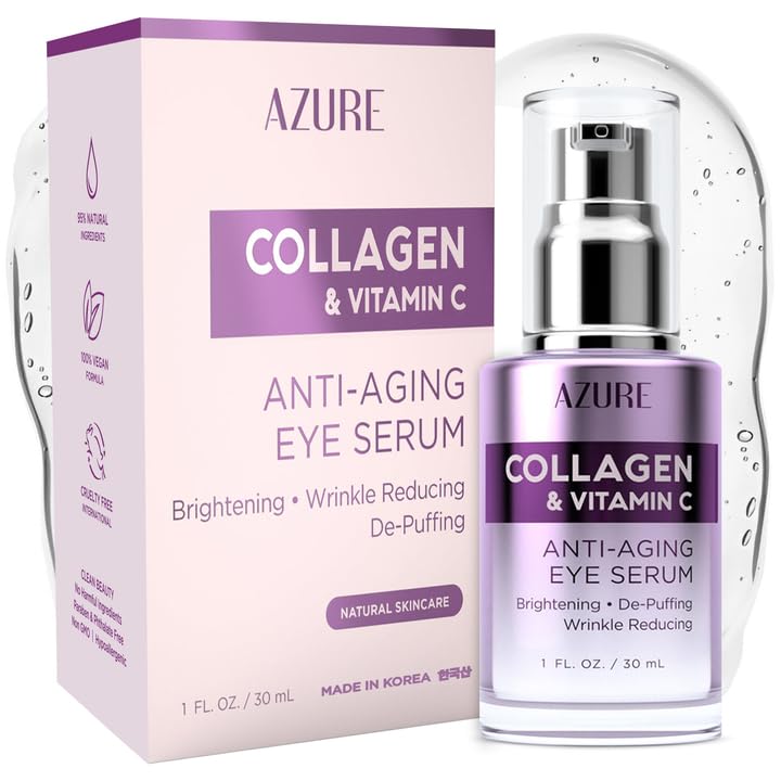 Azure Cosmetics Collagen & Vitamin C Anti Aging Eye Serum - Toning, De-Puffing Serum - Reduces Wrinkles, Fine Lines & Dark Circles - Minimizes Fatigue - Skin Care Made in Korea - 30mL / 1 fl.oz. Vitamin C & Collagen