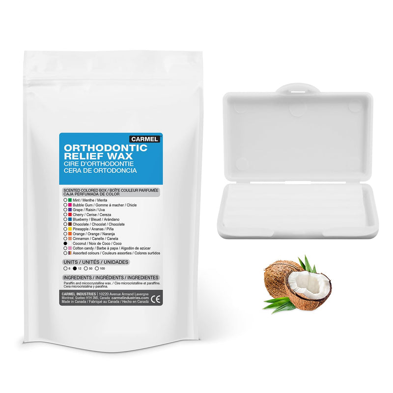 [Australia] - Carmel Orthodontic Wax in a Coconut Scented Box, Pack of 12, Relief for Braces, Dental Appliances, Damaged Teeth 