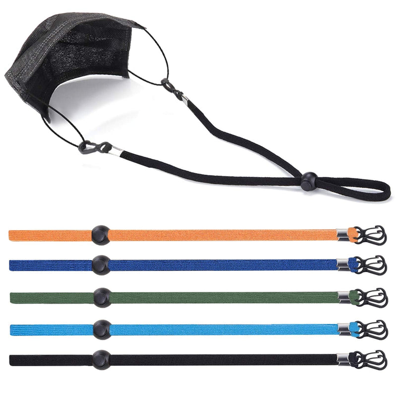[Australia] - Adjustable Mask Lanyard Extra Long Face Mask Neck Strap Hanger/Holder, Elastic Rope with Double Clips & Snap Button, Great for Kids & Adults, Value Pack of 5 Black, Blue, Navy, Orange, Green 