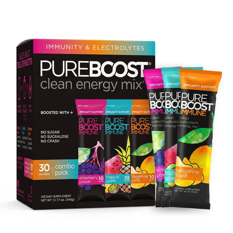 Pureboost Sugar-Free Immune Clean Energy Booster Drink Mix, Combo Pack 30ct | Tangerine,Tropical & Elderberry. With 1,200mg Vitamin C, Vitamins A + D, Zinc, Antioxidants & Elderberry for Immune Support 30 Count