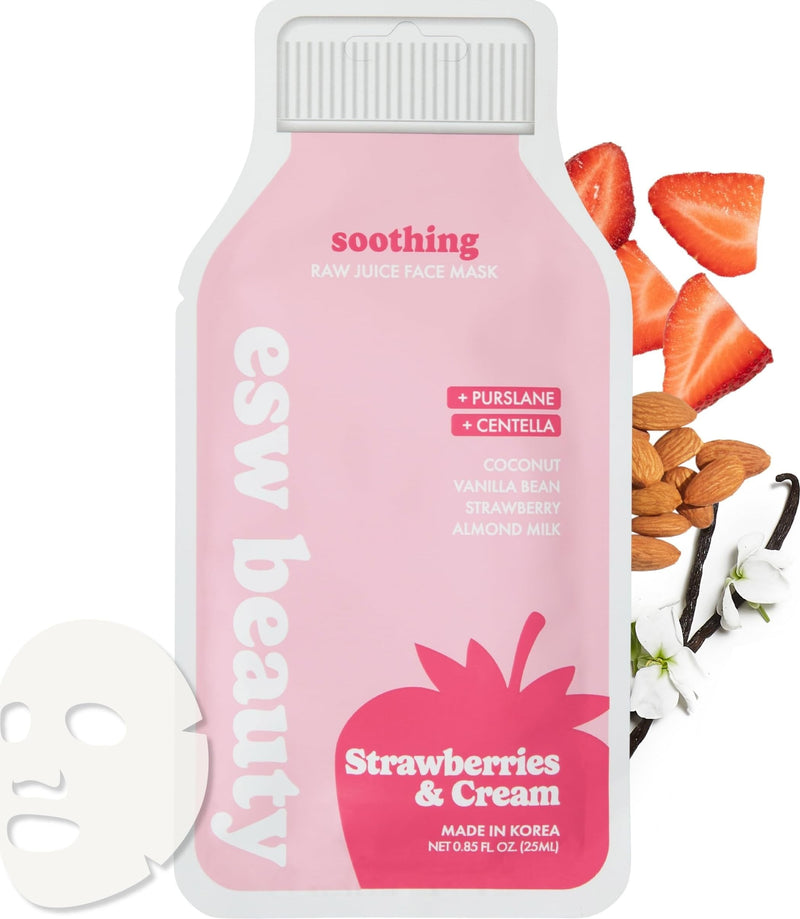 ESW Beauty Strawberries & Cream Soothing Face Mask, Korean Skin Care 1 Pack | Calming Face Mask with Strawberry, Coconut, Hyaluronic Acid, Centella & Vitamins C & E for Hydrating Skin, Skincare for Women 1 Mask