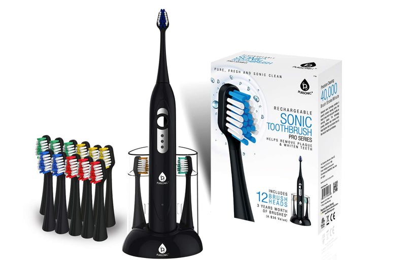 [Australia] - Pursonic S430 Power Rechargeable Sonic Toothbrush: 40,000 Strokes Per Minute, 12 Brush Head Replacements & Toothbrush Set Included - Black 