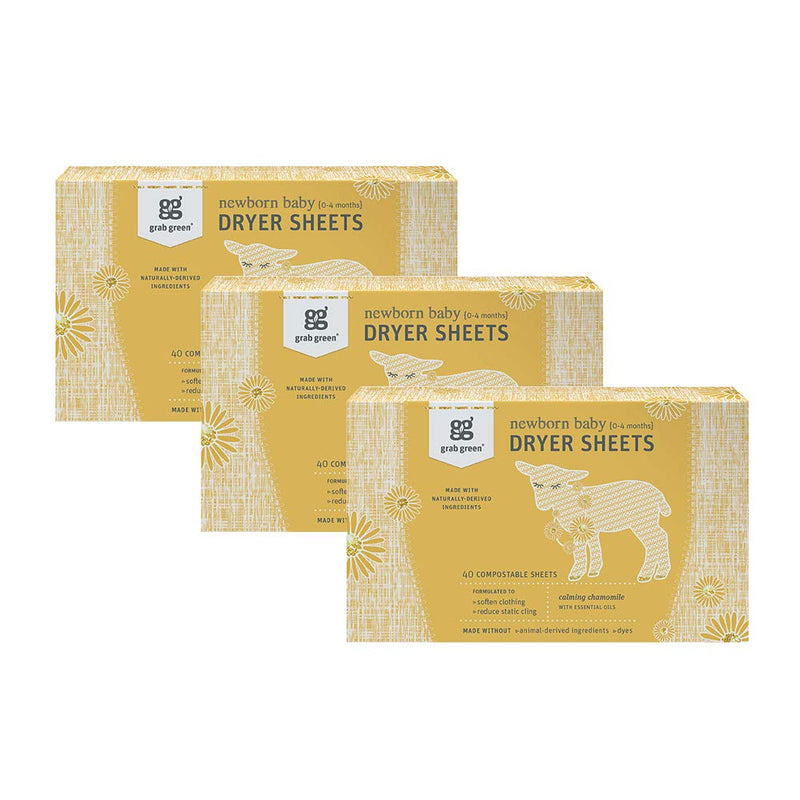 [Australia] - Grab Green Newborn Baby Dryer Sheets - Natural Scent Booster and Fabric Softener to Reduce Wrinkles and Static (Calming Chamomile Scent, 120 Sheets Total) 40 Count (Pack of 3) 