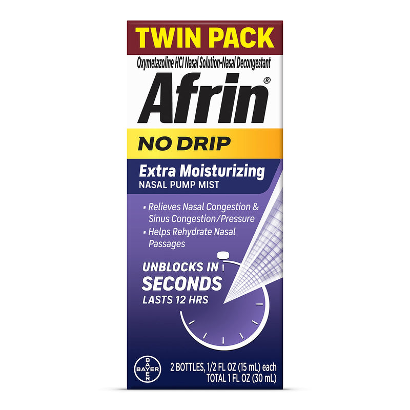 [Australia] - Afrin No Drip Extra Moisturizing Pump Nasal Mist Twin Pack, - Nasal Relief Spray For Nose Congestion and Nasal Relief, 1 Fluid Ounce Total (0.5 FL OZ Bottles) (Packaging May Vary) Medication 