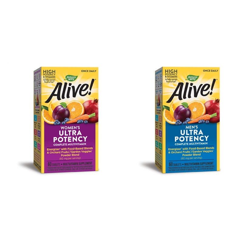 Nature's Way Alive! Once Daily Multivitamin Bundle: Women's & Men's Ultra Potency, Food-Based Blends, 60 Tablets Each