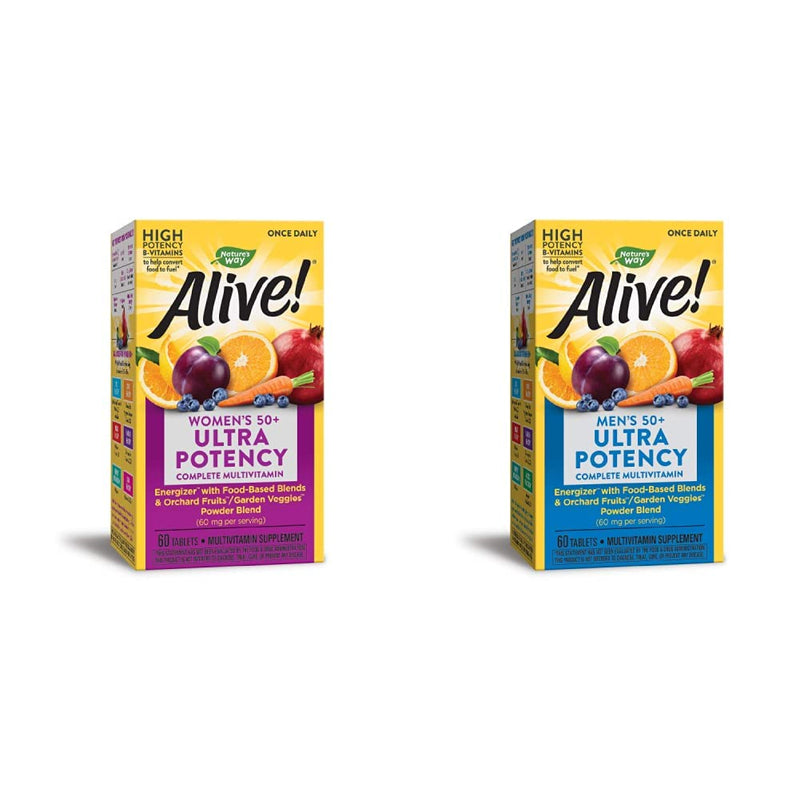 Nature's Way Alive! Once Daily 50+ Multivitamin Bundle: Women's & Men's Ultra Potency, Food-Based Blends, 60 Tablets Each