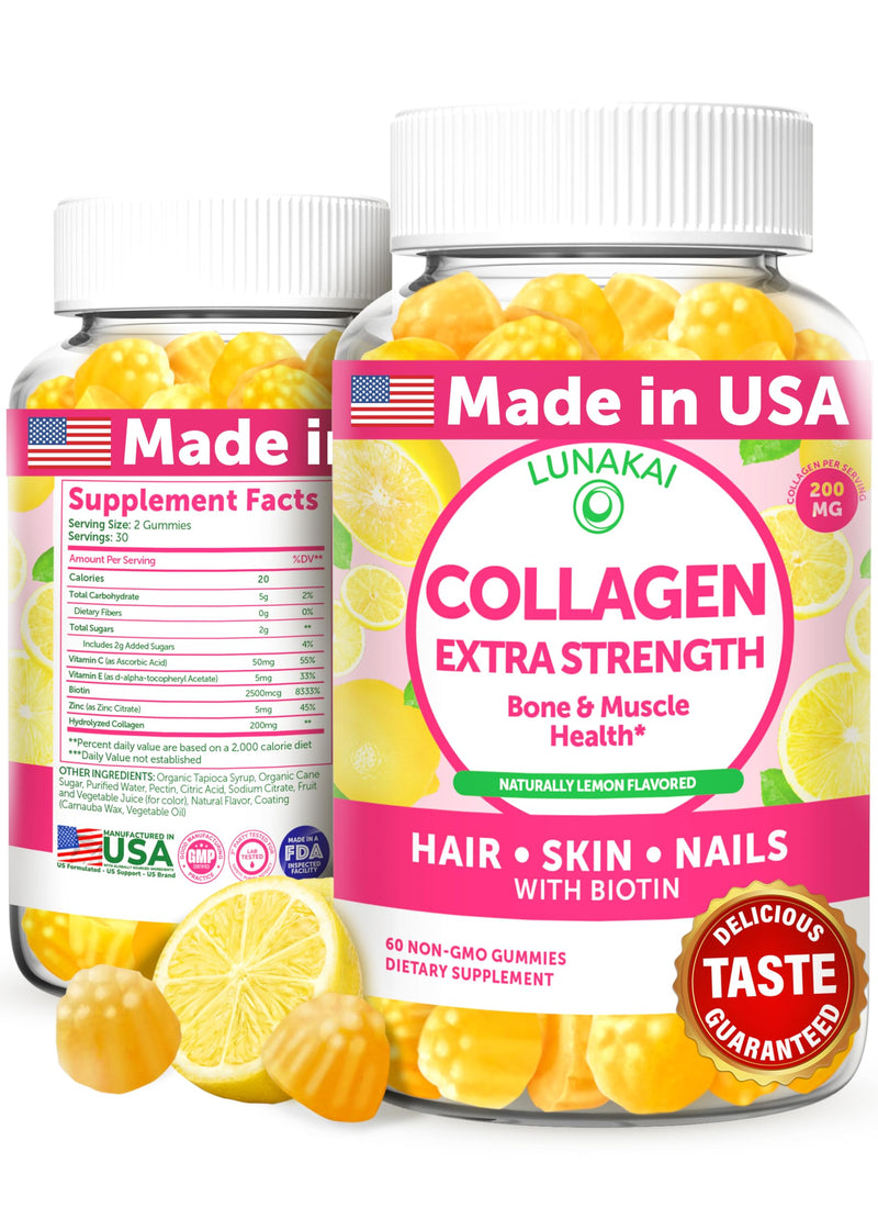 [Australia] - Lunakai Delicious US Made Collagen Gummies - 200mg Non-GMO Anti-Aging Formula with Biotin, Zinc, Vitamins C & E for Glowing Hair, Skin & Nails, 60ct 30 Day Supply 