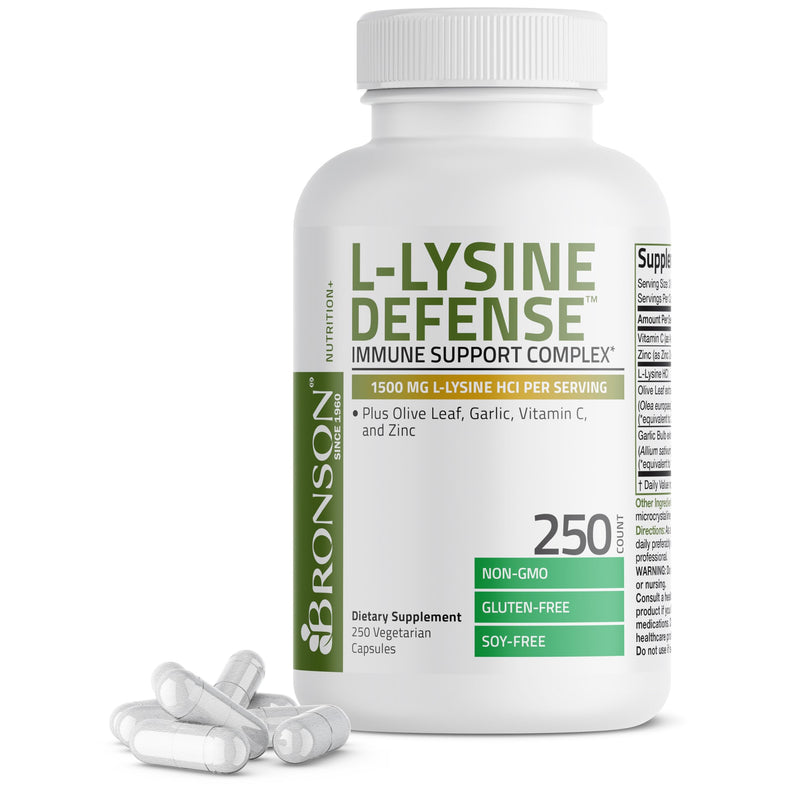Bronson L-Lysine Defense Immune Support Complex, 1500 mg, 250 Capsules | Essential Amino Acid with Olive Leaf, Garlic, Vitamin C & Zinc, Vegetarian, Non-GMO, Gluten-Free & Soy-Free 250 Count (Pack of 1)