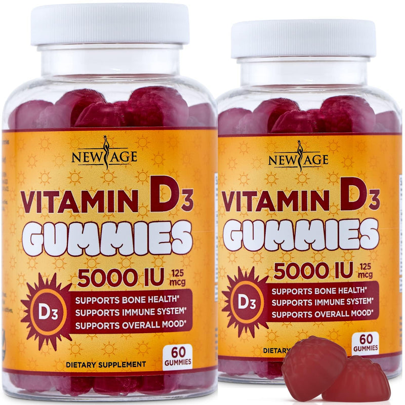 NEW AGE Vitamin D3 5000 IU 125mcg Gummies - Immune Supplement - Non-GMO, Gluten-Free, Dairy-Free, No Gelatin (120 Gummies (Pack of 2)) 120 Gummies (Pack of 2)