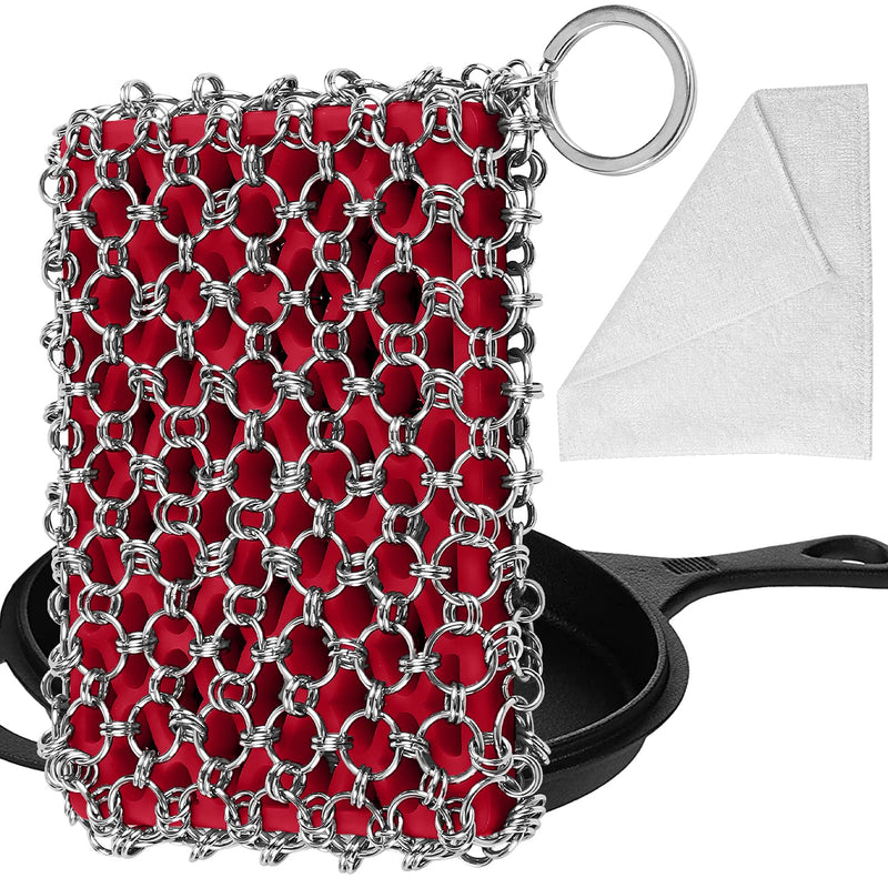 [Australia] - Herda 316L Cast Iron Scrubber Cleaner, Large Chainmail Scrubber for Cast Iron Pan - Chain Mail Scrubber Cast Iron Sponge - Metal Cast Iron Skillet Scrubber, Wok, Dutch Oven Cast Iron Cleaning Kit Red 