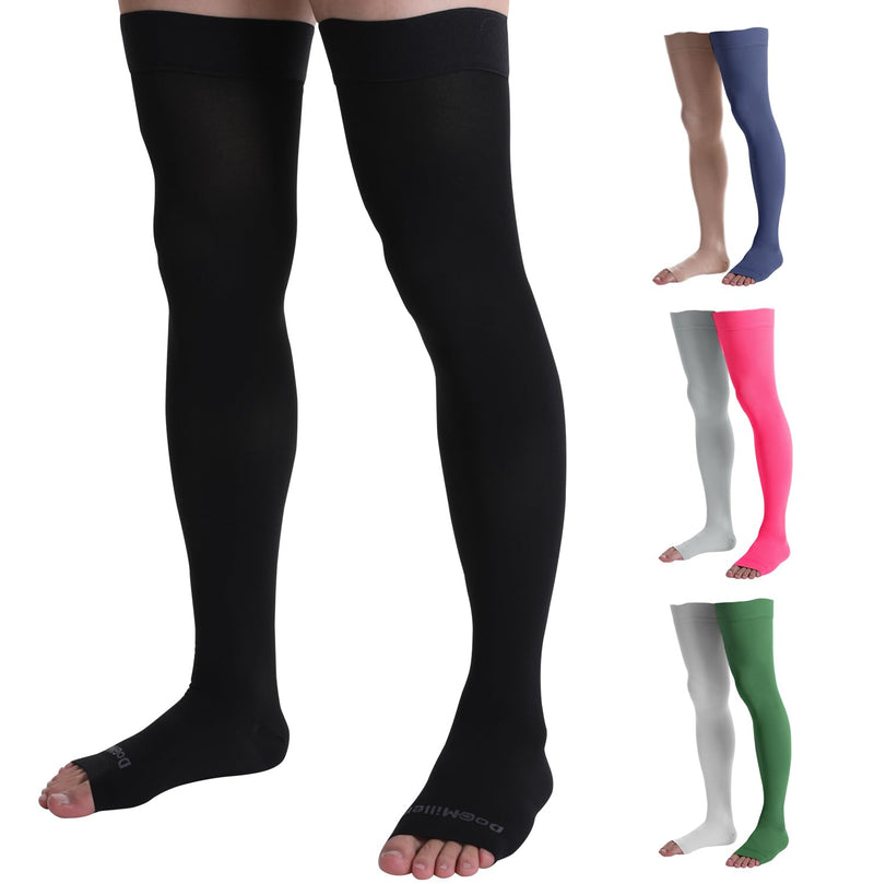 [Australia] - Doc Miller Thigh High Compression Socks - Open Toe, 20-30mmHg for Varicose Veins, Calf, Leg & Ankle Support, Pregnancy & Maternity Stockings, Small to Plus Size Large (1 Pair) Black 