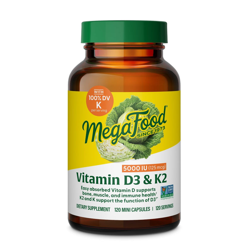 MegaFood Vitamin D3 & K2 5000 IU (125 mcg), 120 Mini Capsules | Supports Bone, Teeth, Muscle & Immune Health, Vitamin K2 & K Support the Function of D3, Non-GMO, Vegetarian, 120 Servings 120 Count (Pack of 1)