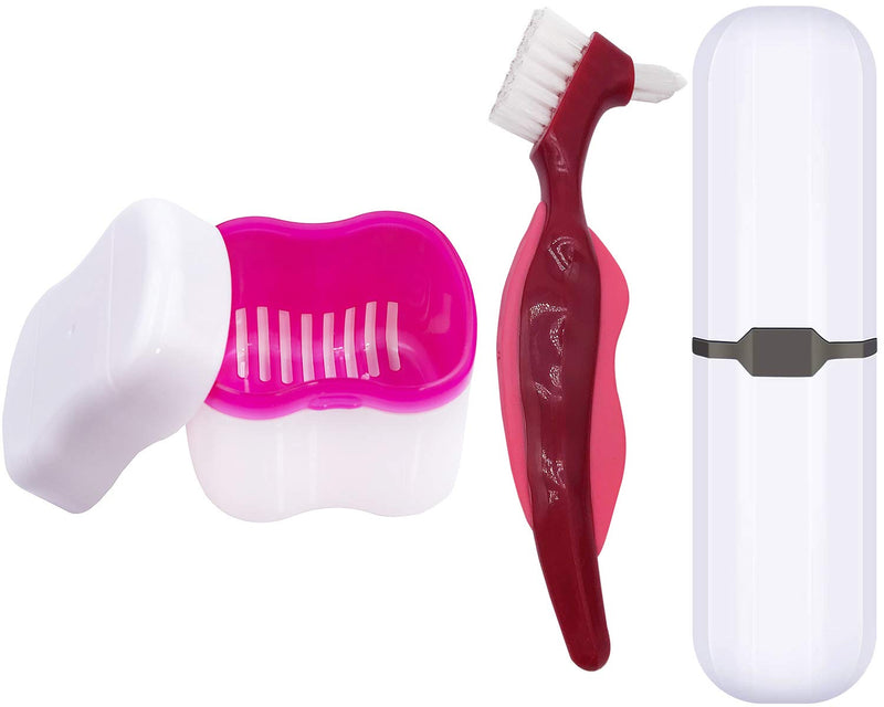 [Australia] - Denture Case,Denture Cups Bath, Toothbrush with hard denture, Dentures Container with Basket Denture Holder for Travel,Mouth Guard Night Gum Retainer Container (Pink) 