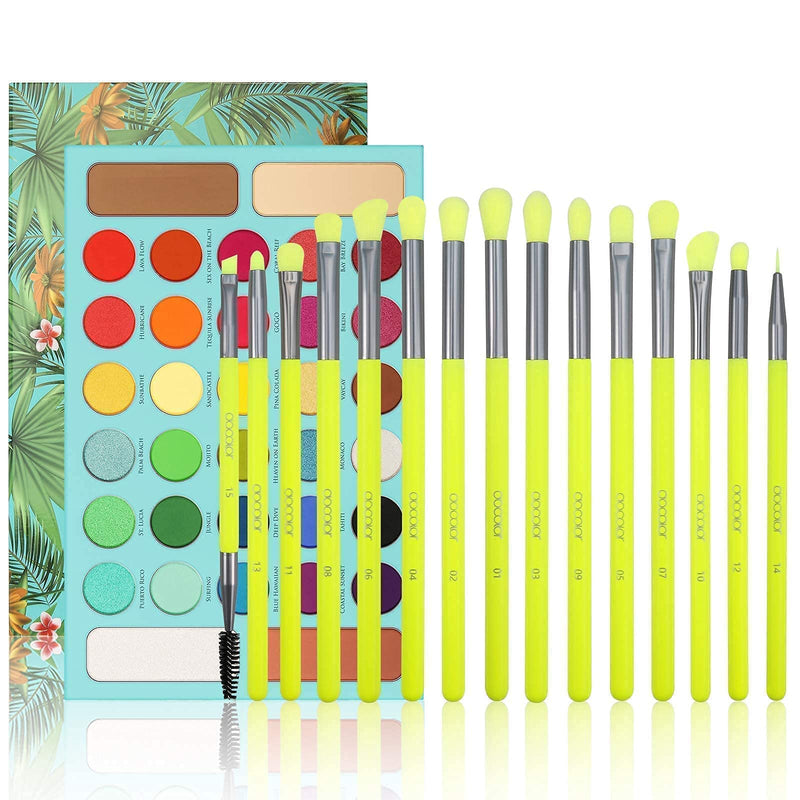 [Australia] - Docolor 15Piece Eye Makeup Brushes Set + 34 Colors Tropical Eeyshadow Palette Pigmented Matte Shimmer Metallic Blendable Soft Cream Powder Makeup Eye Shadow Palettes for Christmas Gift 