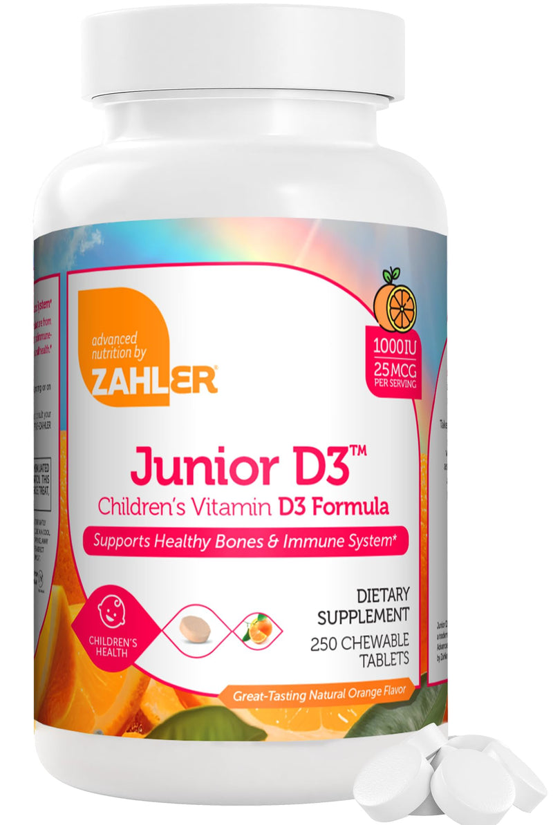 Zahler Junior D3 Vitamins 1000 IU - Chewable Vitamin D3 for Kids to Support Bone, Teeth & Immune Health - Kosher Orange Flavor - 250 Count 250 Count (Pack of 1)