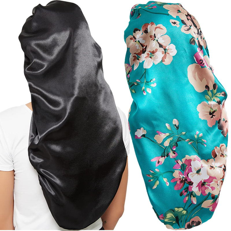 [Australia] - 2 Pcs Silk Bonnet for Women Satin, Soft Elastic Band Silky Sleeping Cap Big Bonnets for Braids One Size Black and Light Blue 