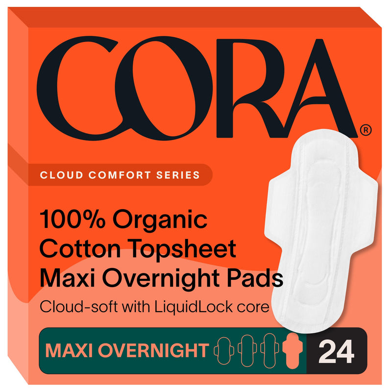 [Australia] - Cora Organic Cotton Topsheet Maxi Pads | Ultra Thin Period Pads with Wings | Maxi Overnight Absorbency | Unscented, Comfortable, Powerfully Absorbent, Leak Protection (24 Count) 