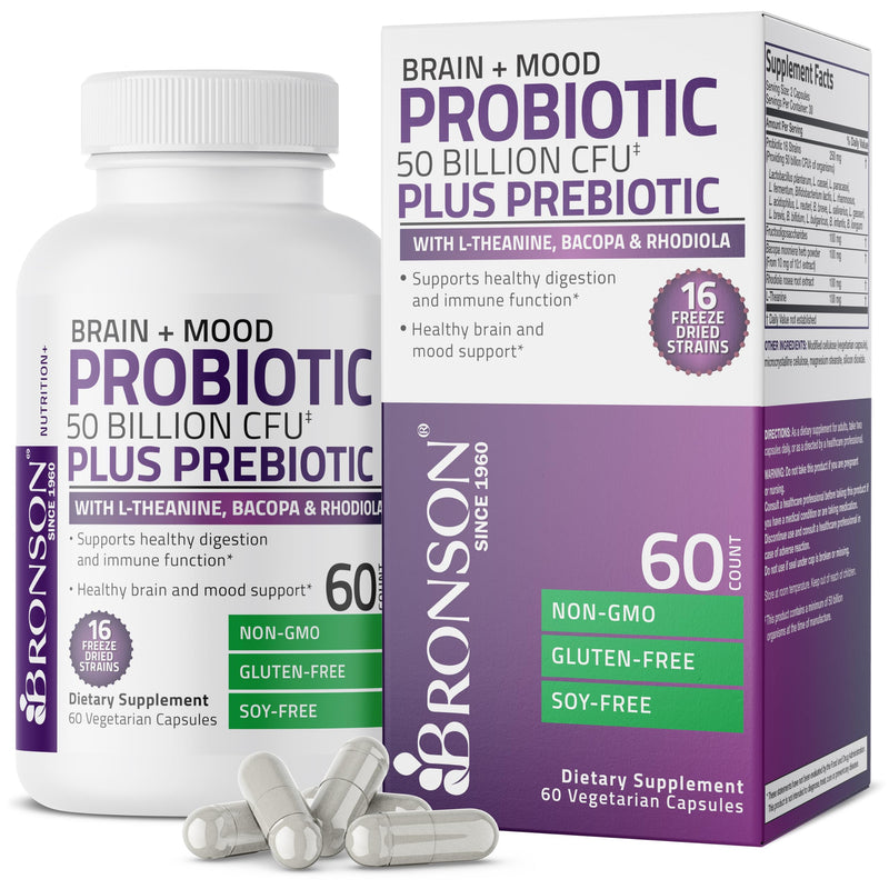 Bronson Brain + Mood Probiotic 50 Billion CFU + Prebiotic, 60 Capsules | 16 Freeze-Dried Strains with L-Theanine, Bacopa & Rhodiola, Digestive & Immune Support, Non-GMO, Gluten-Free & Soy-Free