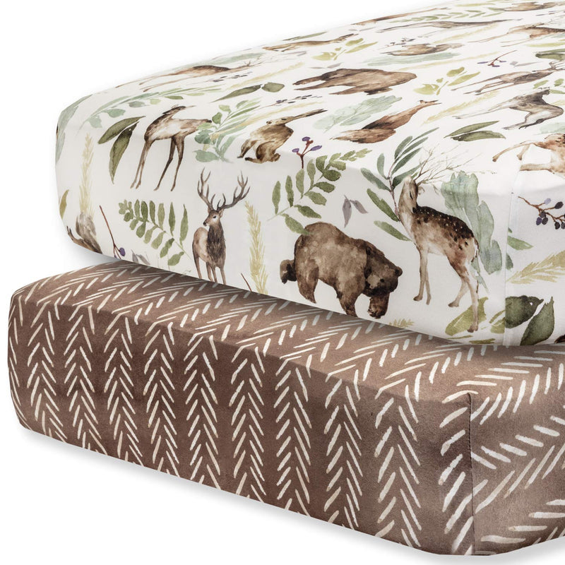 [Australia] - Pobibaby - 2 Pack Premium Fitted Baby Boy Crib Sheets for Standard Crib Mattress - Ultra-Soft Cotton Blend, Safe and Snug, and Stylish Woodland Crib Sheet (Wildlife) 2 Pack - Crib Sheets 