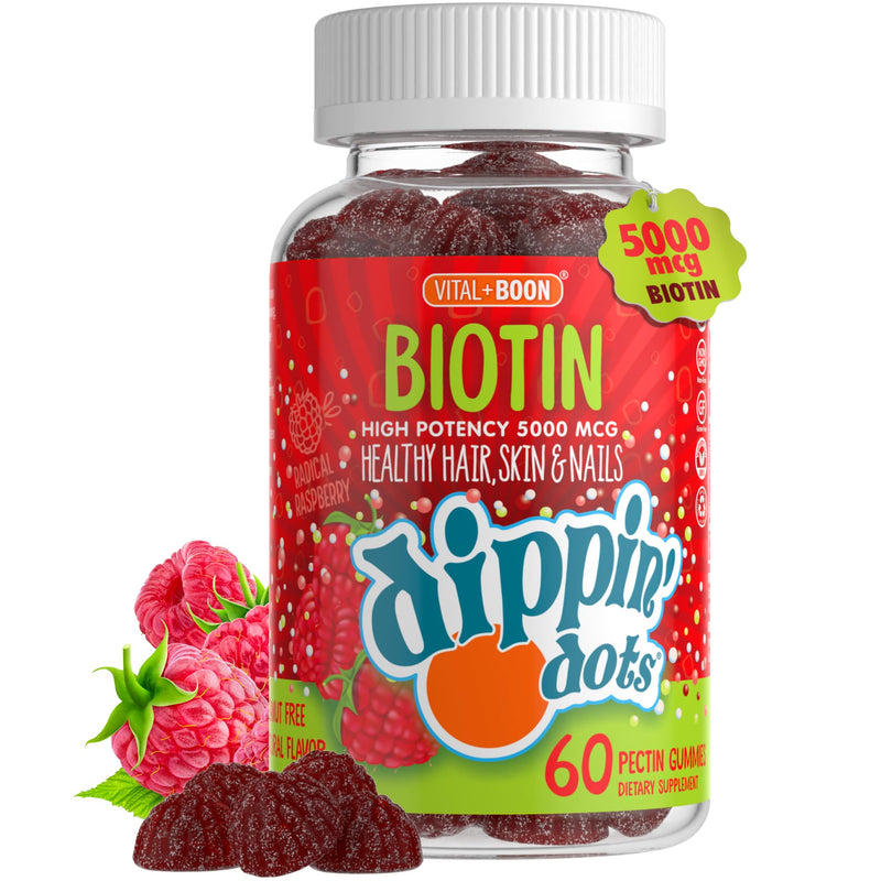 Vital+Boon - Extra Strength Biotin 5000mcg (60 Gummies) Healthy Hair, Skin & Nails | High Potency Biotin in Delicious Very Berry Raspberry Natural Fruit Pectin Chews | Vegan, Non-GMO Gluten Free | Raspberry biotin gummies support hair growth, hair vita...
