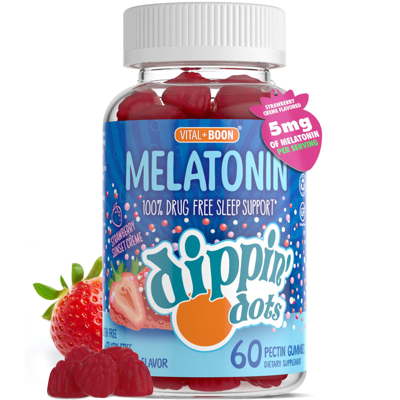 Dippin' Dots Kids Melatonin Gummies, Natural Sleep Aid, 2.5mg (60 Ct) | Strawberry Sunset Creme sleep aid gummies for kids & adults; vegetarian, easy nightly melatonin gummy chew for bedtime. 60 Count (Pack of 1) Gummy - 5 mg/serving