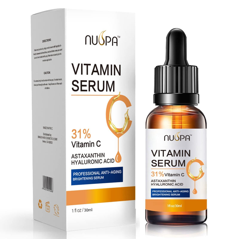 Organic Vitamin C Serum for Face 31% Vitamin C Facial Serum Anti Aging Serum Reduces Age Spots, Face Dark Spots, Sun Damage, Skin Brightening Facial Serums with Hyaluronic Acid and Astaxanthin 1.02 Fl Oz (Pack of 1)