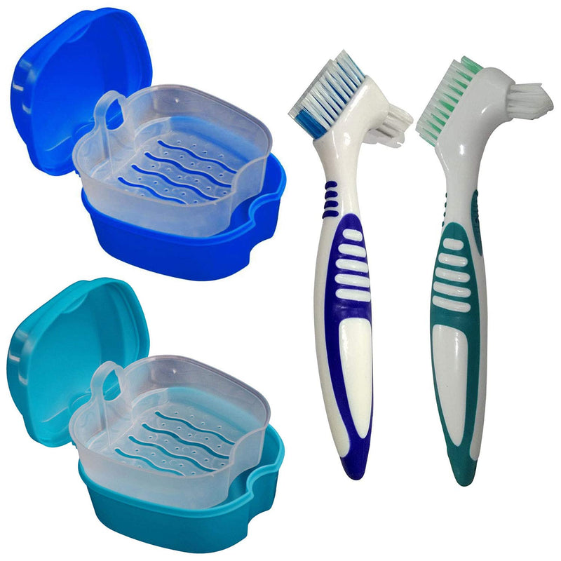 [Australia] - 2 Pack Denture Bath Case Cup Box Holder Storage Container with Denture Cleaner Brush Strainer Basket for Travel Cleaning (Light Blue and Blue) Light Blue and Blue 