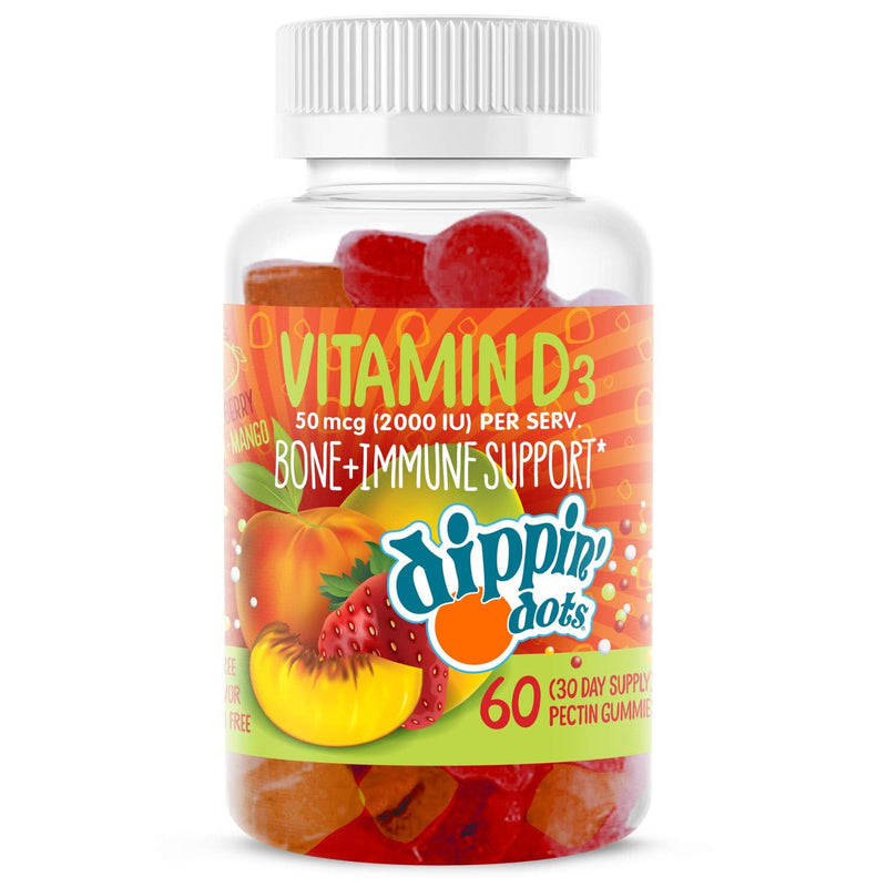 Dippin' Dots Vitamin D3 (Vitamin D) Gummies, 2000 IU (60 Count) | Natural Strawberry, Peach & Mango vitamin D gummies with 2000 IU D3 to help support bone & immune health; vegan, gluten free. 1 Count (Pack of 1)