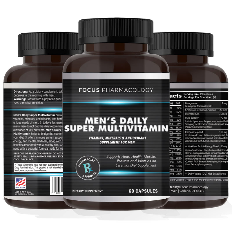 Men's Daily Super Multi-Vitamin for Men - 60 Ct Blend of Vitamins, Minerals, Plus Herbs for Prostate Health and General Energy/Focus 1 Count (Pack of 60) Men's Super Vitamin