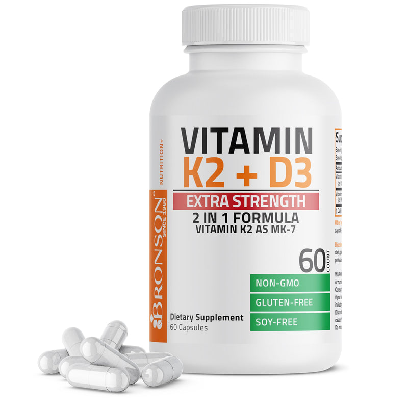 [Australia] - Bronson Vitamin K2 (MK7) with D3 Extra Strength Supplement Bone Health Non-GMO Formula 10,000 IU & 120 mcg MK-7 Easy to Swallow D K, 60 Capsules 60 Count (Pack of 1) 