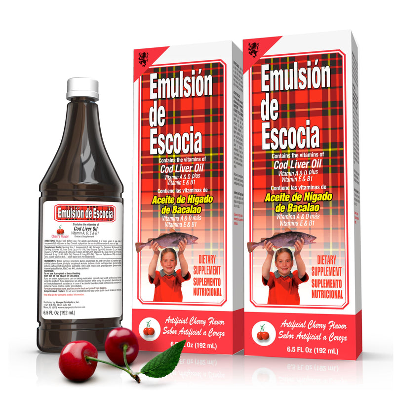[Australia] - Emulsi√≥n de Escocia Cod Liver Oil with Vitamins A, D, E, B1 - Natural Cherry Flavor Fish Oil Omega-3 Dietary Supplement for Immune Support & Growth - Essential Nutrients - 6.5 oz (2-Pack) 