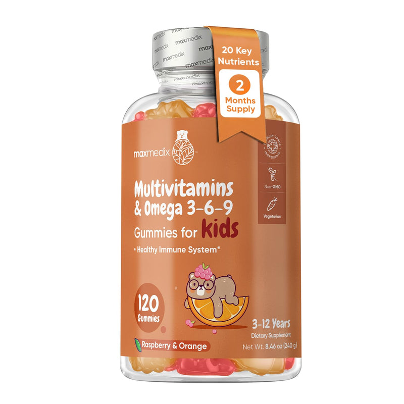 maxmedix Kids Multivitamin Gummies with Omega 3 6 9 | 20 Vitamins & Minerals with Vitamins A, C, D, E, B12 & Zinc | Supports Immune Health, Brain Development & Growth | Raspberry & Orange, 120 Ct Kids Multvitamin 120 Gummies
