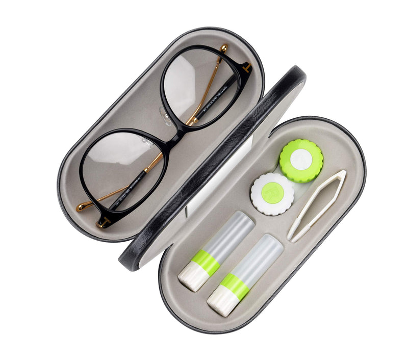 [Australia] - Muf 2 in 1 Double Sided Portable Contact Lens Case and Eyeglasses Case,Dual Use Design with Built-in Mirror,Tweezer and Contact Lens Solution Bottle Included for Travel Kit(Green) Black&Green 