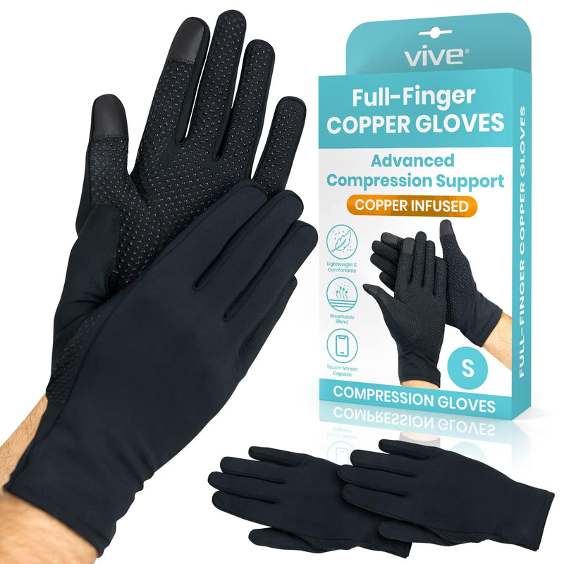 [Australia] - Vive Copper Arthritis Gloves - Full Hand Compression Touchscreen Finger - For Carpal Tunnel, Rheumatoid, Joint Pain, Inflammation - Flexible Wrist and Thumb Pressure Relief for Typing - For Men, Women Black Small 