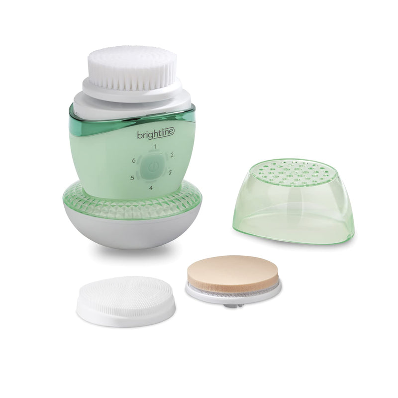 Brightline Sonic Rechargeable Electric Facial Cleansing Brush System, Face Exfoliator with 6 Intensity Settings, 3 Scrub Brush Heads, Green