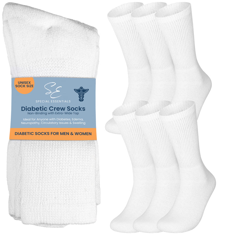 [Australia] - 6 Pairs Non-Binding Cotton Diabetic Crew Socks With Extra Wide Top For Men and Women Large White 