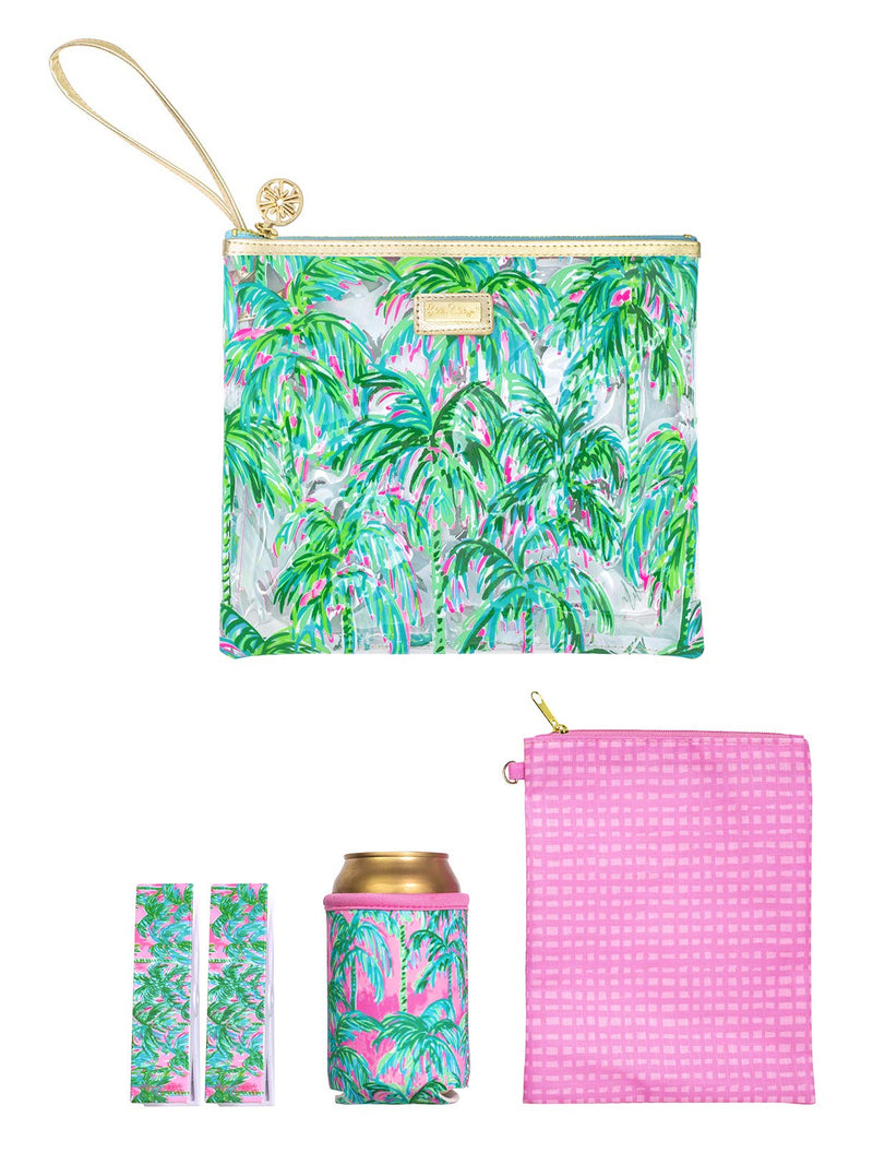 Lilly Pulitzer Water Resistant Vinyl Beach Day Pouch, Zipper Bag Includes Drink Hugger, Small Pouch, and Towel Clips Suite Views