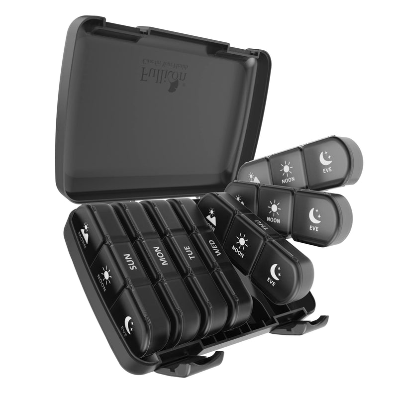 Fullicon Large Weekly, Travel Pill Organizer 3 Times a Day, Black | Each Compartment Holds 12 Fish Oils or 13 Vitamins, 21 Compartments, Secure Embedded Buckle, Travel Friendly, BPA Free