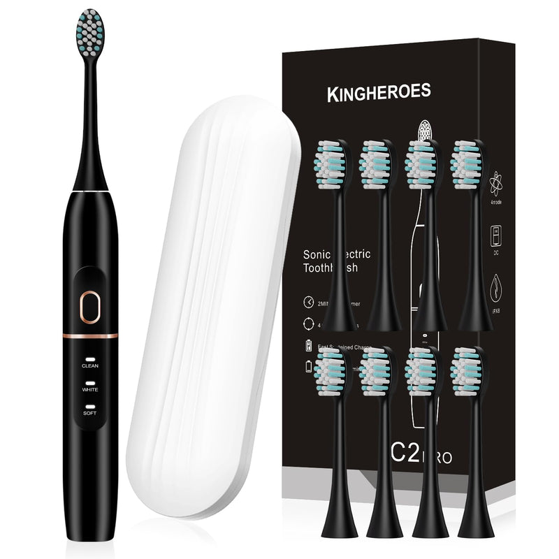 [Australia] - Electric Toothbrush Set, Comes with 8 Brush Heads & Travel Case,4 Modes with 2 Minutes Built in Smart Timer, One Charge for 60 Days, 42000 VPM Motor (Black) Black 