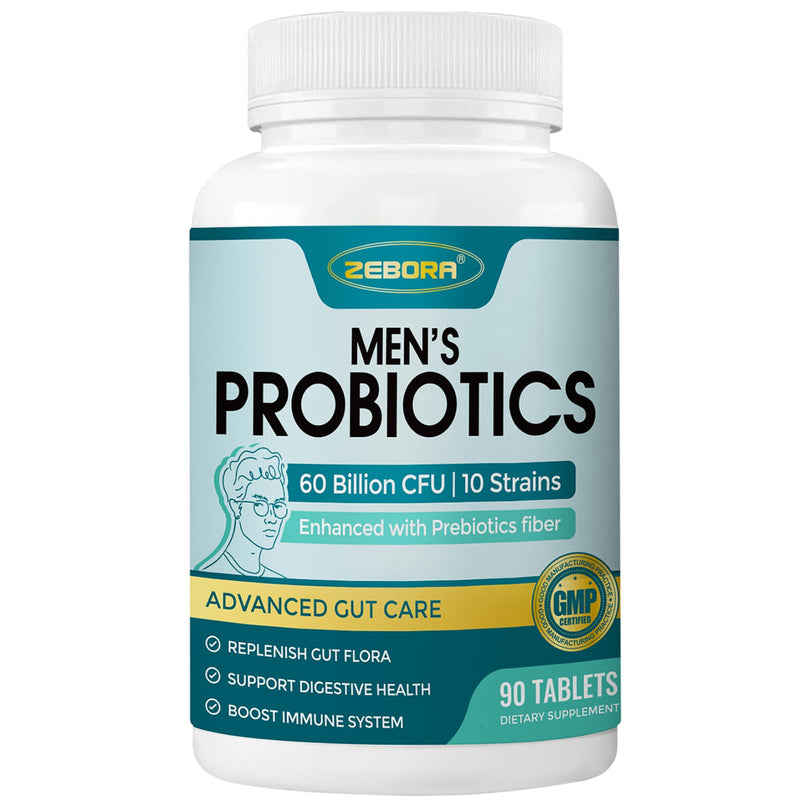 [Australia] - Probiotics for Men, Probiotics and Prebiotics for Digestive Health, 90 Tablets, 60 Billion CFUs for Immune and Gut Health, 10 Strains, Hypoallergenic Probiotics, Shelf Stable, Gluten & Soy Free 
