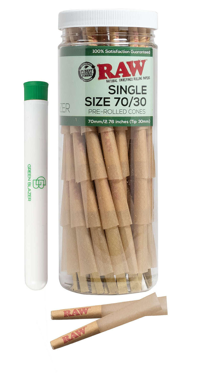 [Australia] - RAW Cones Single Size 70/30: 100 Pack - Mini Pre Rolled Cones & Tips, Patented Slow Burn Classic Rolling Papers Shorter than 1 1/4 Size, 70mm 